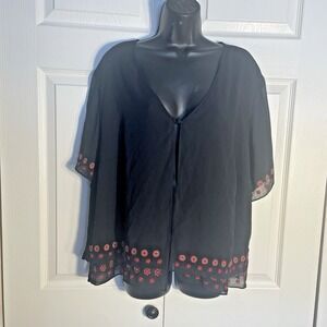 Studio I Shirt Women 22W Black Open Front Short Sleeve Embroidered Borders Top